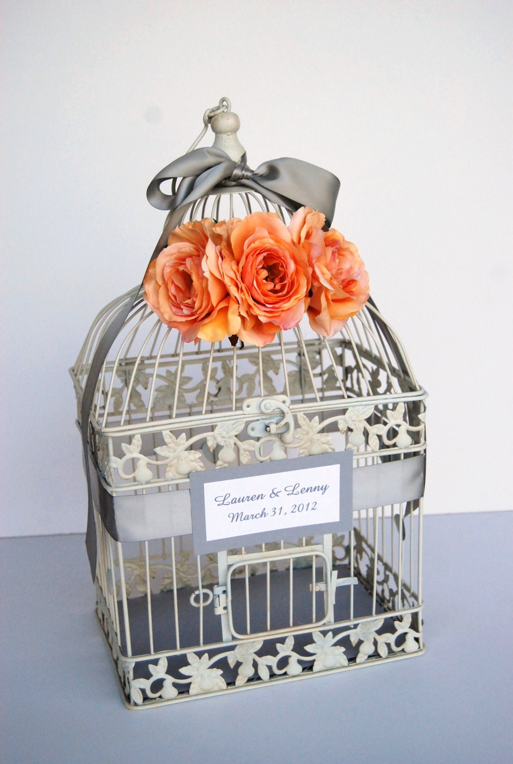 LARGE Custom Wedding Bird Cage Card Holder - Gray & Coral/Peach