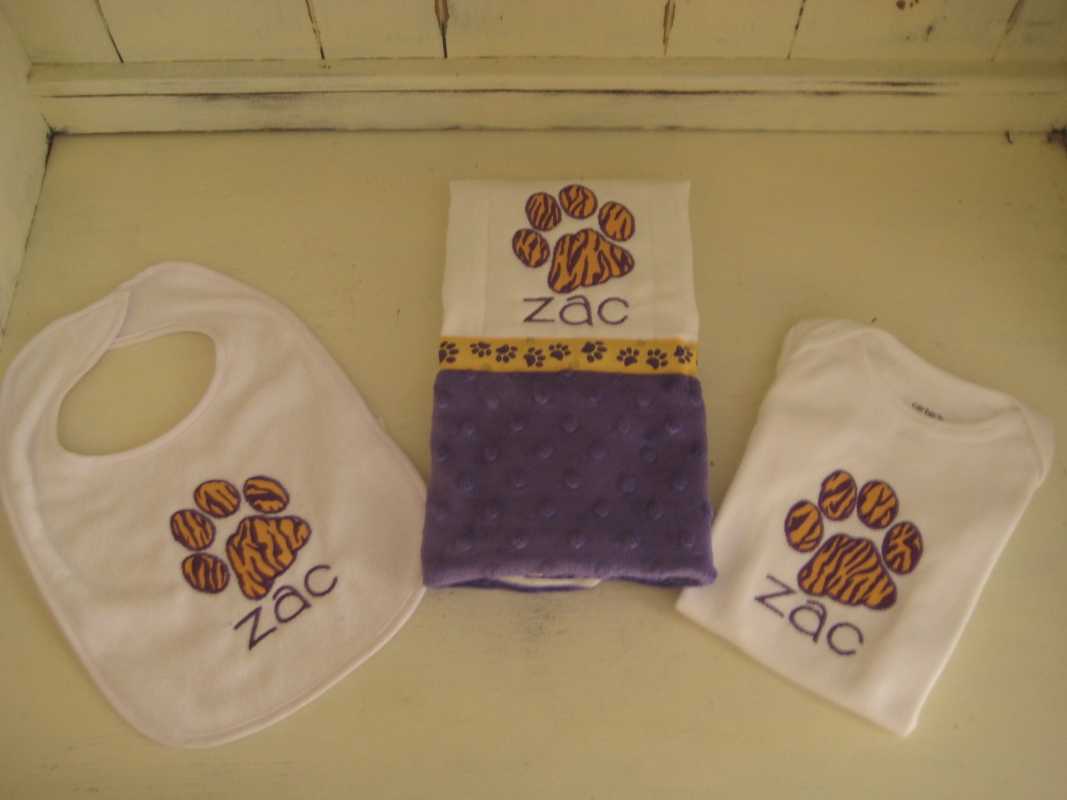 Appliqued Tiger Paw Onesie, Bib and Burp Cloth Set