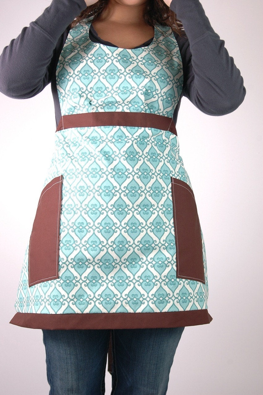 Turquoise Cream and Brown Full Apron