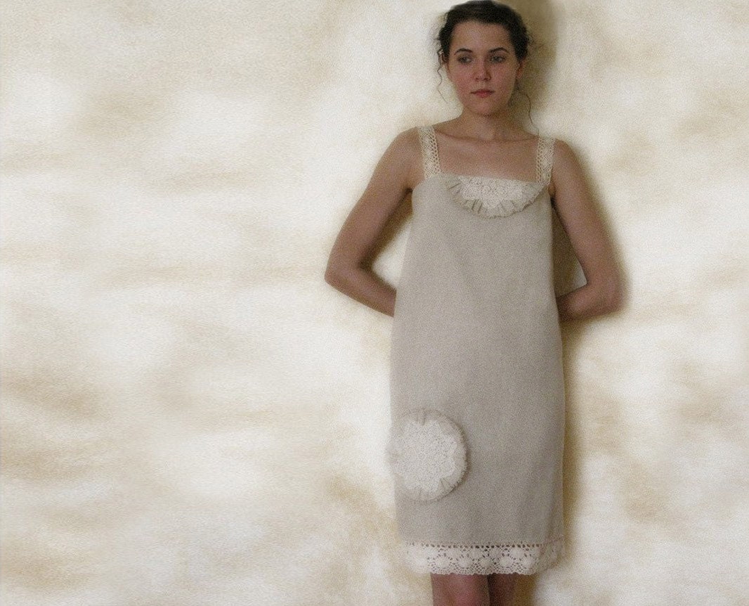 Unbleached organic Cotton Summer dress with vintage cotton lace trimming FREE USA SHIPPING