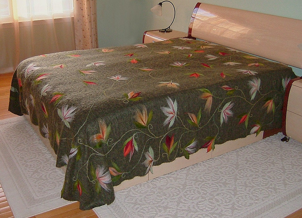 Wool and mohair needle felted bedcover Tropical flowers