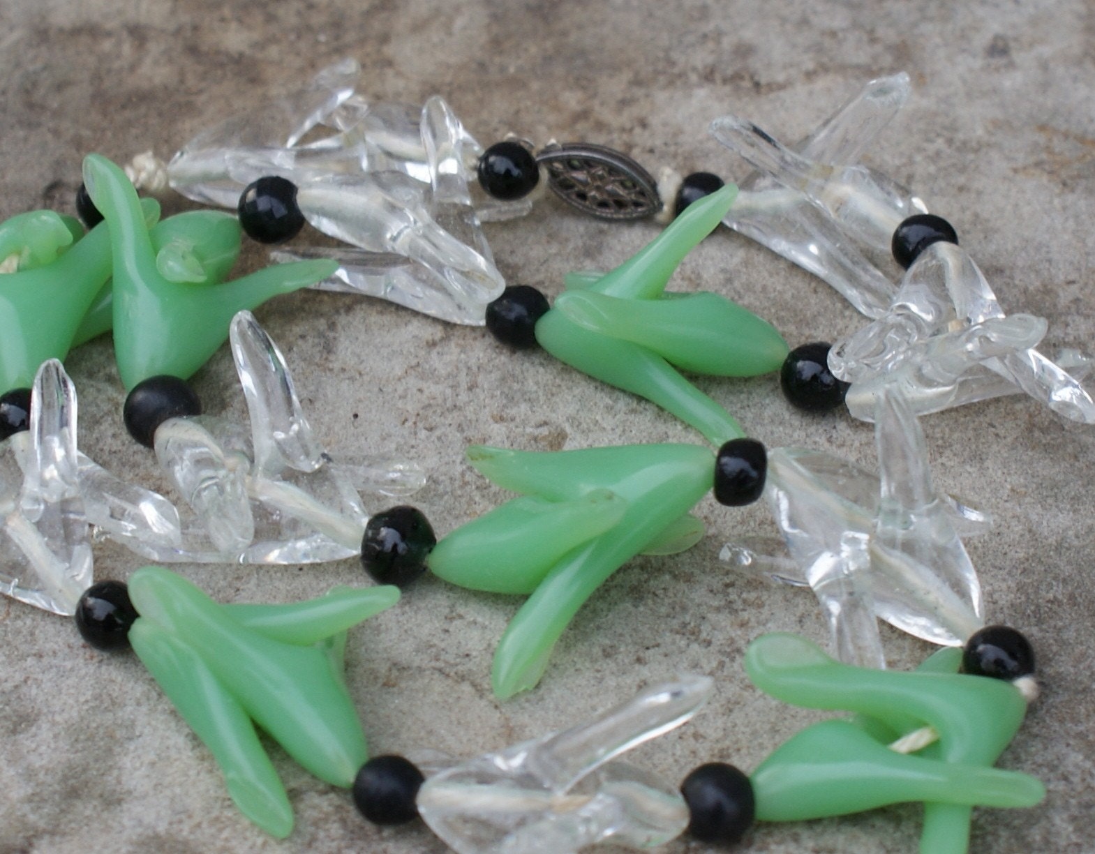 Unique ART DECO Czech Green and Black Glass Necklace
