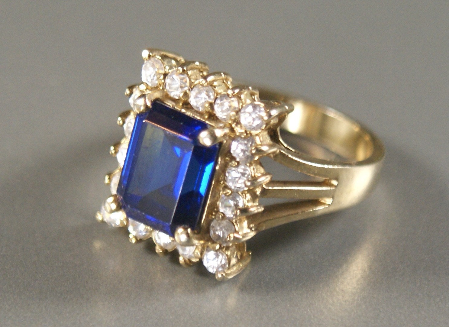 Vintage Gold Over Sterling Faceted Royal Blue Glass Ring