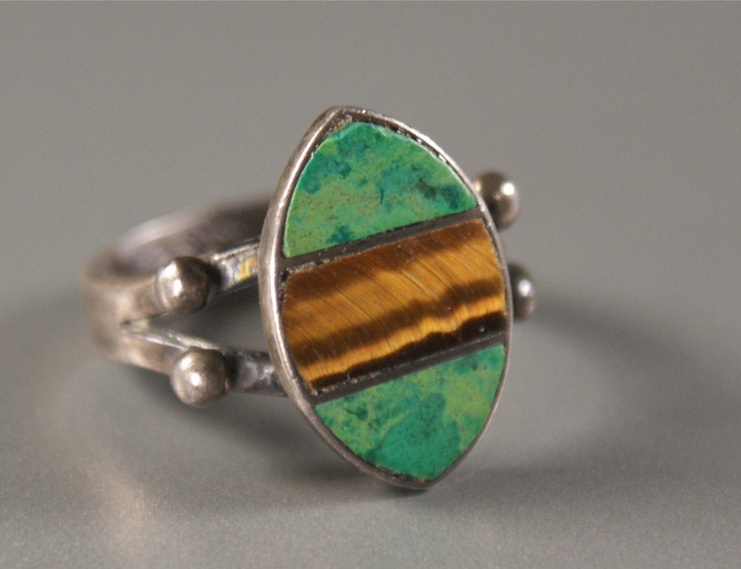 Vintage Sterling TAXCO Green Turquoise Tiger Eye RING