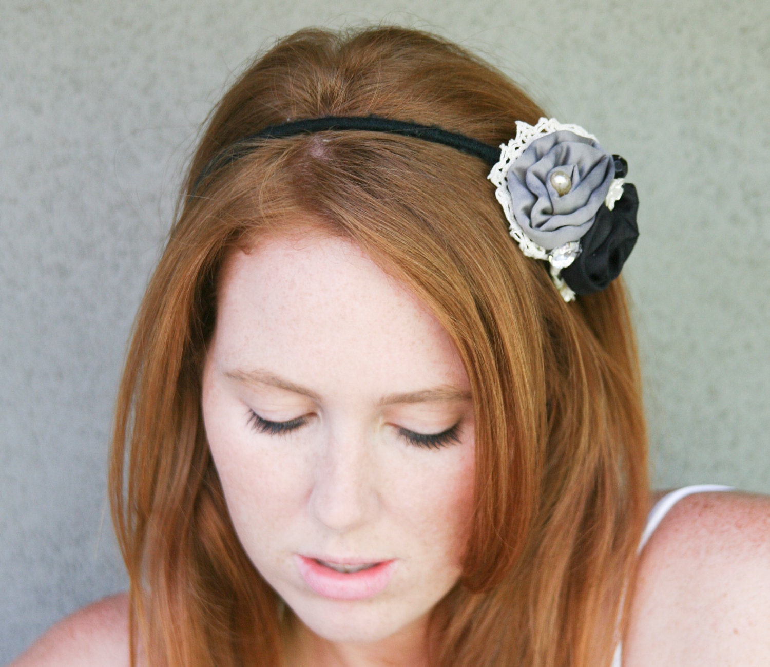 headband in black and gray roses and vintage touches