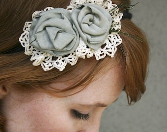 Flower headband with vintage lace and sage roses headbands for women