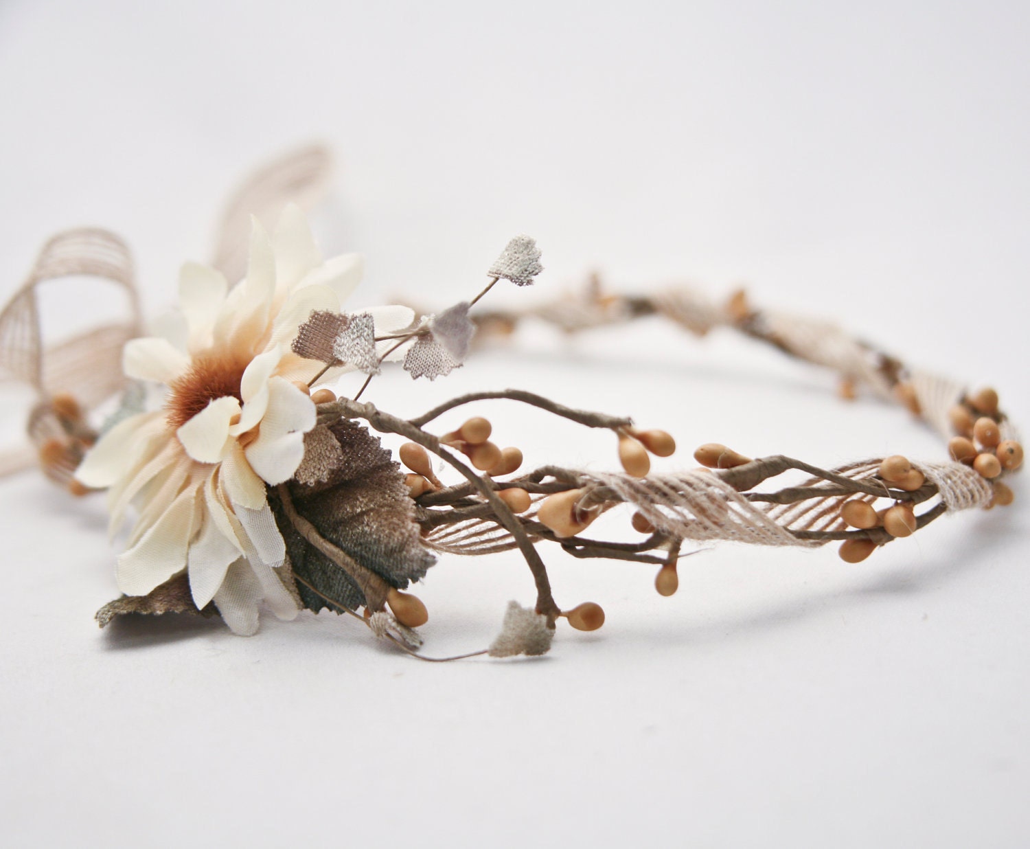 Daisy and burlap hippie tie headband, woodland wedding wreath