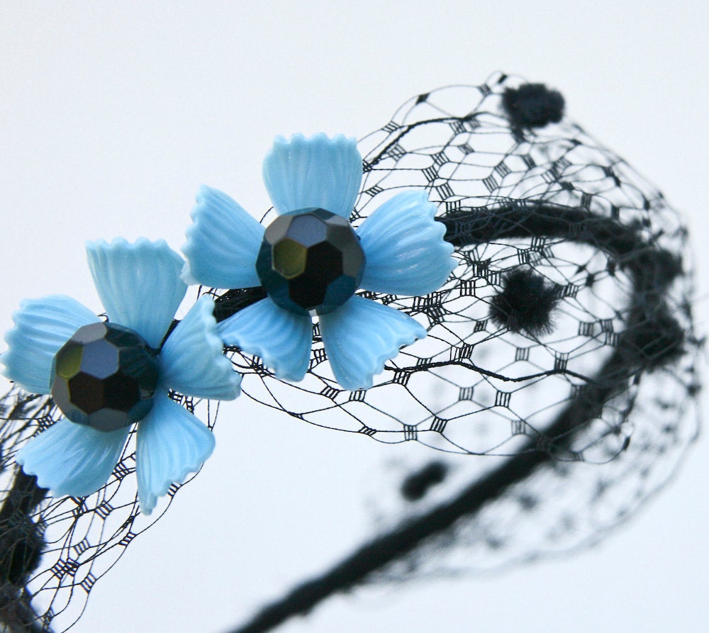 black net headband with vintage blue flowers