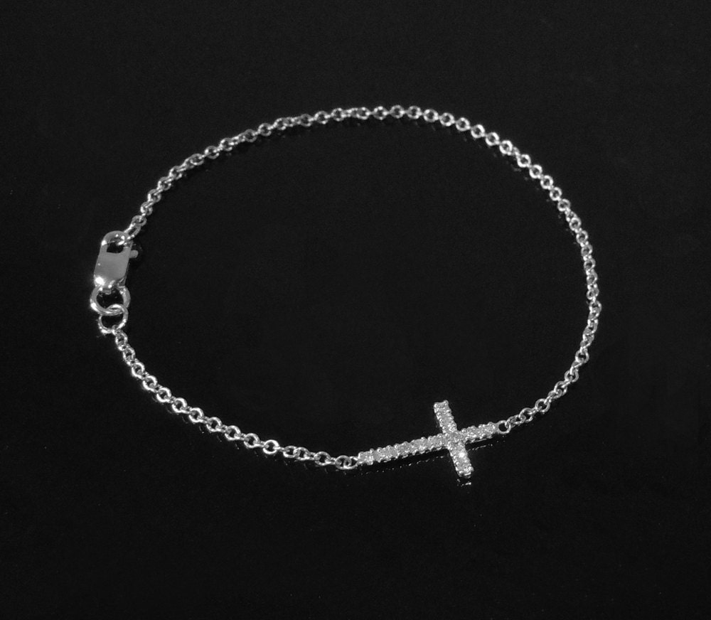 Diamond Sideways Cross Bracelet in White Gold, Rose Gold or Yellow Gold