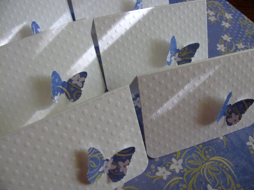 Blue Floral on White Swiss Dot Limited Edition - Set of 6 Butterfly Mini Cards 3 inches X 2 inches - in Glassine Bag - Made to Order