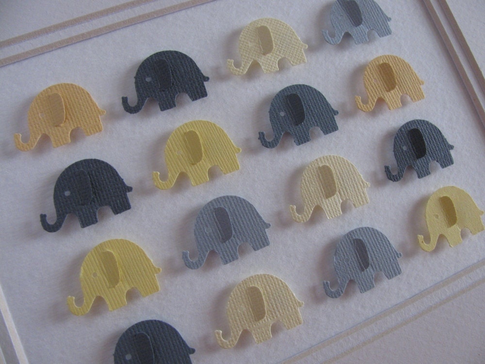 Yellow and Gray Baby Elephants - 3D Whimsy Collage - 5X7 - MADE to ORDER