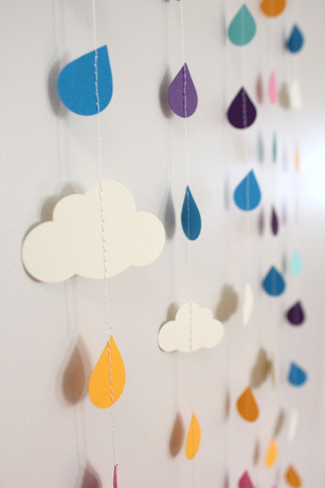 Rainbow Raindrops and Clouds Paper Garland - April Showers, Baby Showers, party decorations