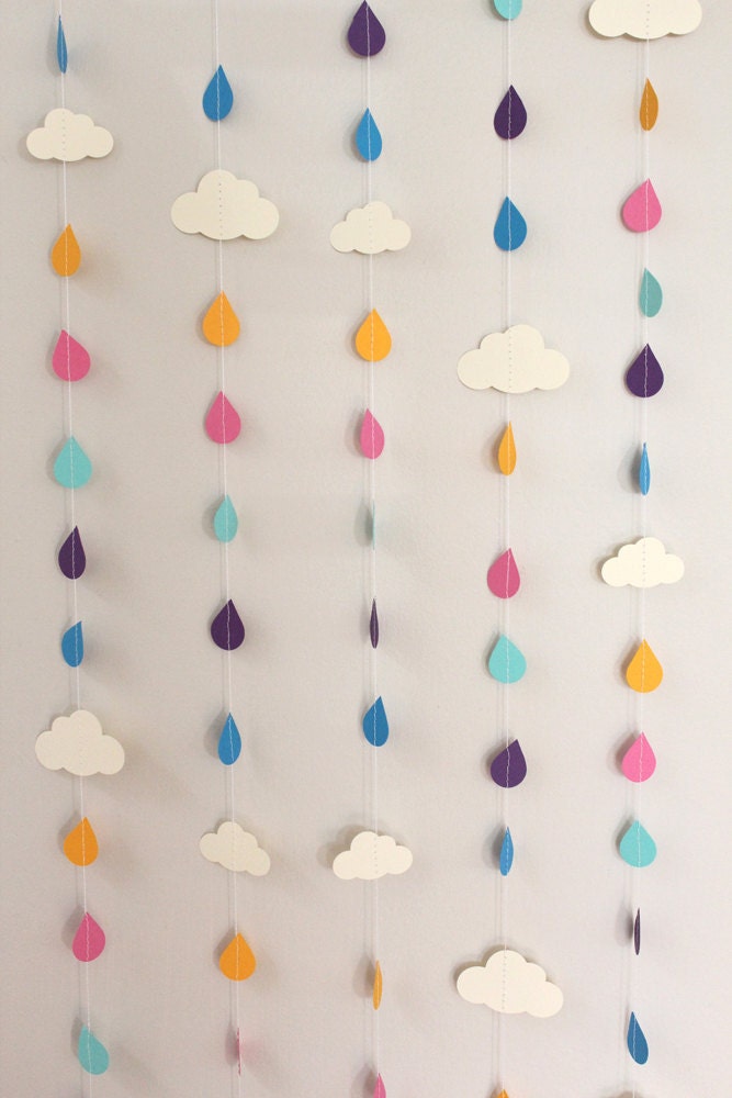 Rainbow Raindrops and Clouds Paper Garland - April Showers, Baby Showers, party decorations