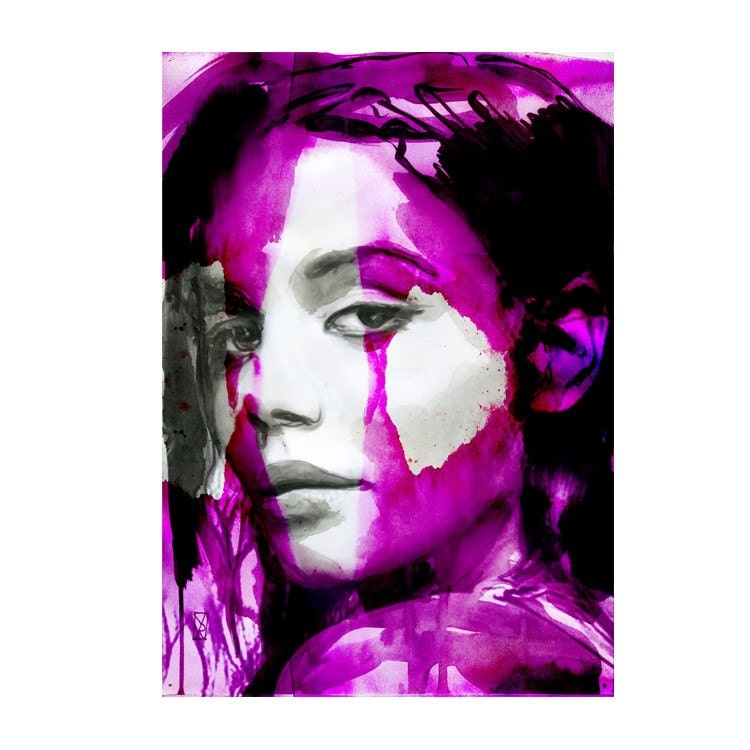 art Fashion Illustration Portrait Print Drawing Fine Art Hand Signed ink original watercolor mixed media face girl here 13/100