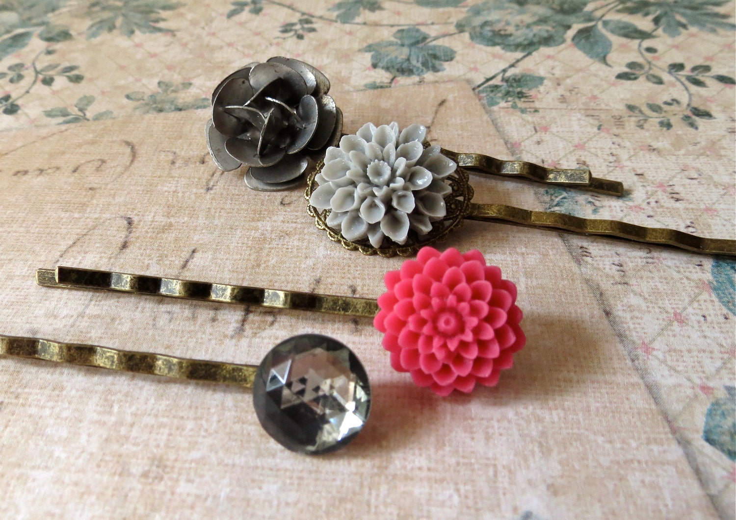 Fashion Metal, Gray, and Bright Pink Flower Hairpins / Bobbypins - Summer SALE 20% off
