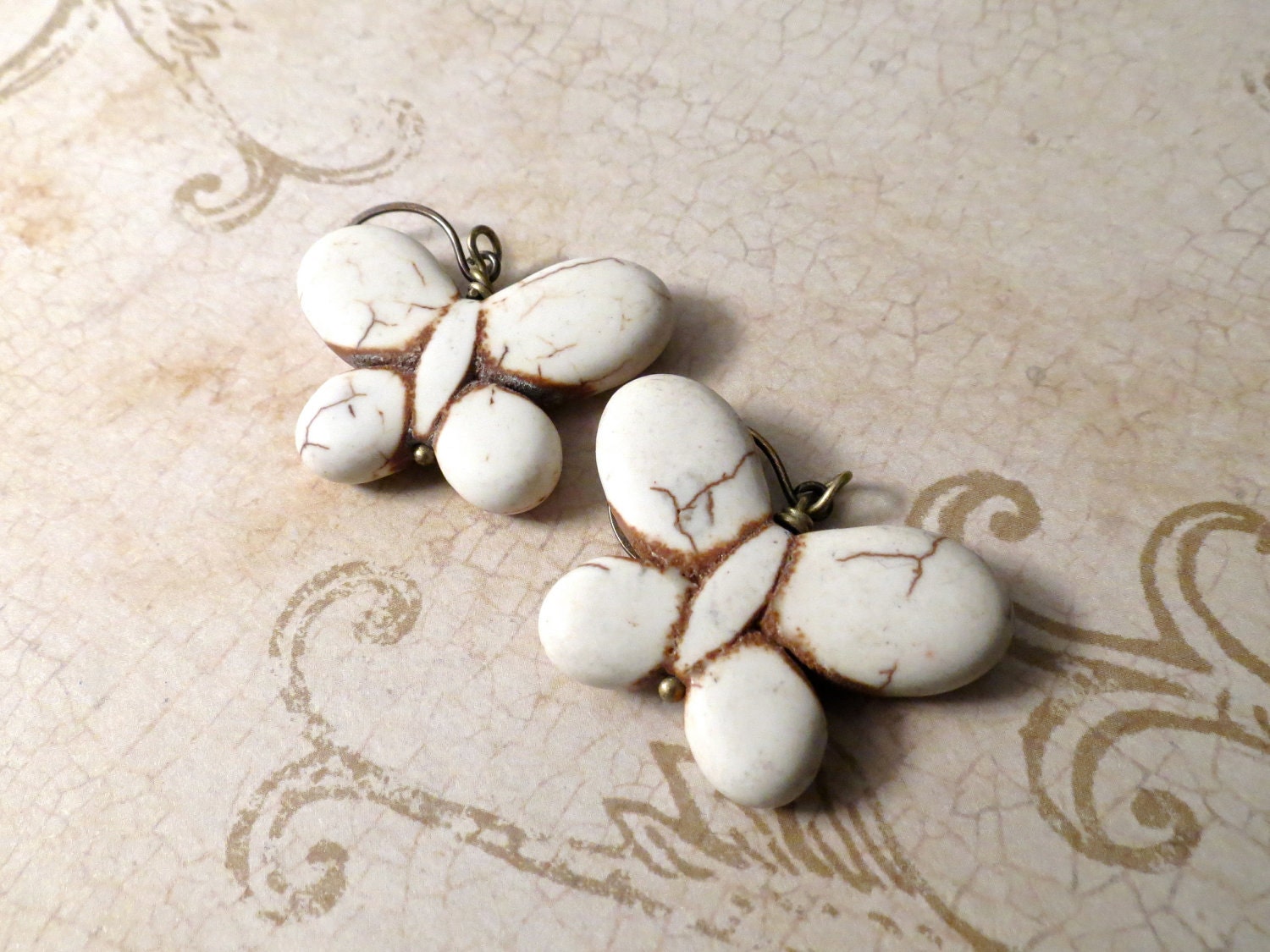 Carved Off-White Ivory Stone Butterfly Earrings - Summer SALE 20% off