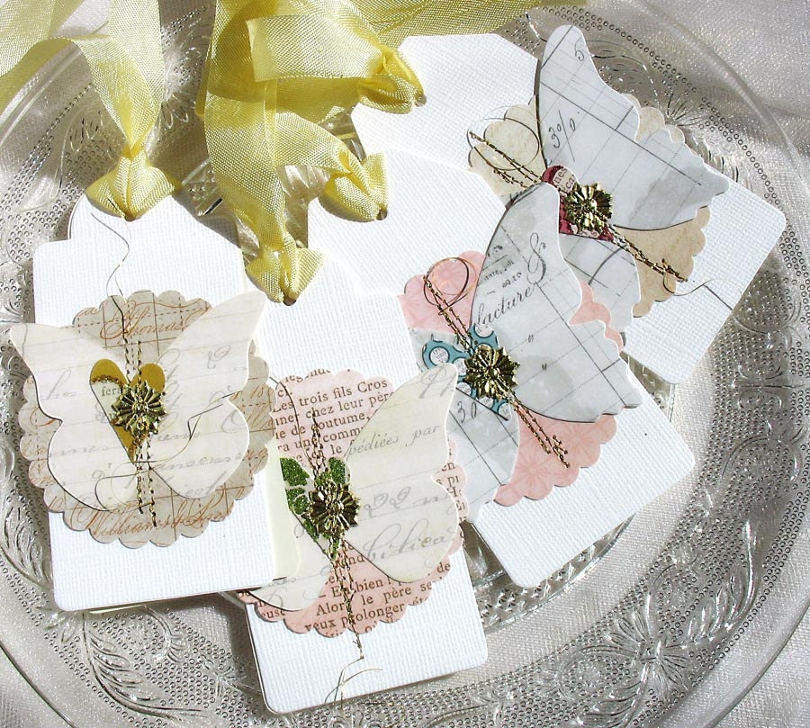 Elegant Luxe Butterfly Spring Art Collage Style Shabby Chic Tags No. 1-white-cream-soft-feminine-spring faire-garden party-gold-metallic