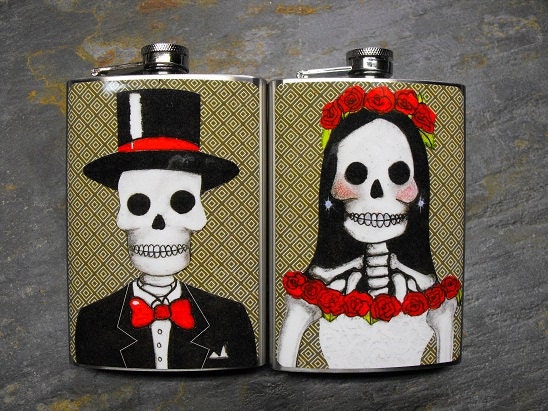 FD321, FD322 - Mr. and Mrs. Skully Decorated 8oz. Stainless Steel Flask SET OF 2