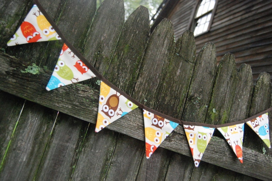 Owl Banner with MINI Flags, Photo Prop,  Nursery Bunting Flags, Boy's Birthday - brown, orange, yellow, aqua blue fabric flags