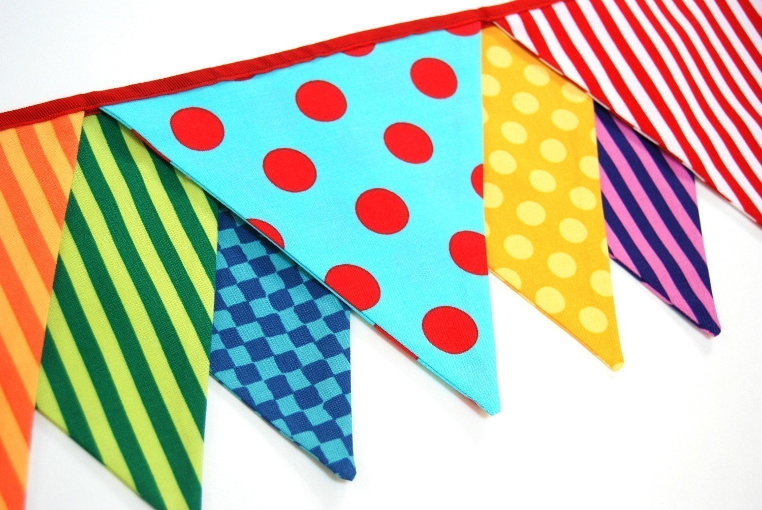 CUSTOM FOR JULIE -- Set of 4, Carnival Birthday Banner, Circus Bunting, Party Flags, Photo Prop - red, yellow, blue, green, orange fabric
