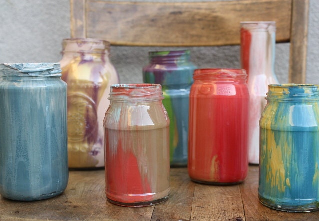 Upcycled Glass Jar Swirled in Blue, Brown, White, Pink, and Red Paint