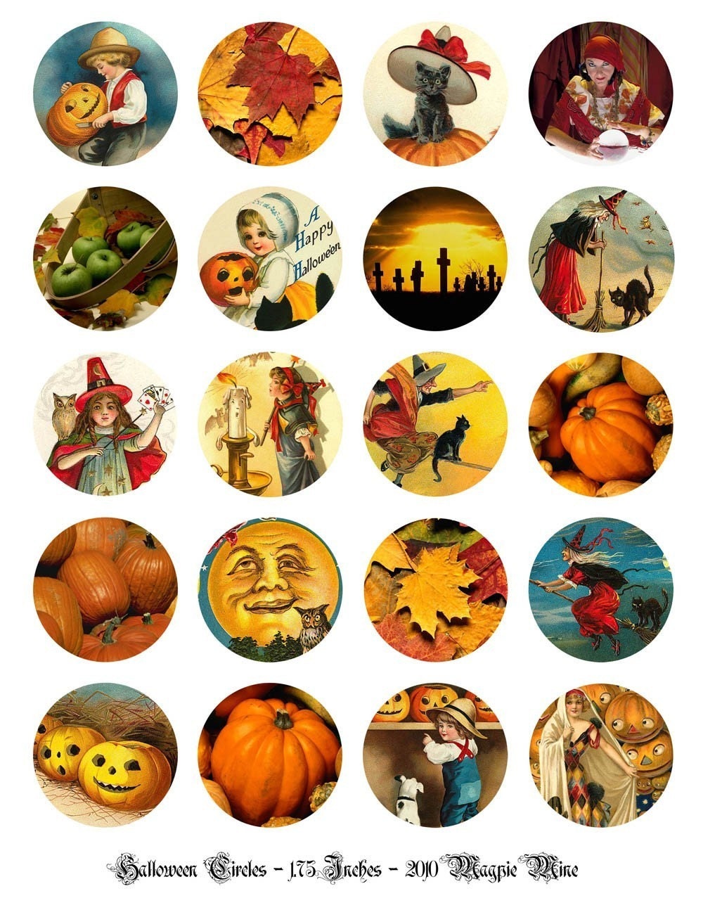 Halloween Digital Collage Sheet for Paper Craft - Vintage and Autumn Circles - 1.75 Inches - Printable Download