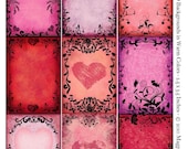 Swirls and Hearts Digital Download - ACEO ATC Backgrounds - Collage Sheet - Warm Reds Pinks and Lavenders - Printable