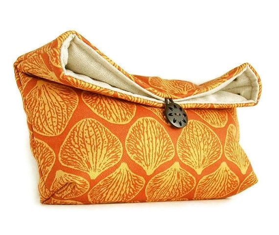 Makeup Bag, Bridesmaid Gift, Orange and Gold Orchid Petal Clutch Purse, Tangerine, Jewel Tone, Orange Clutch, Travel Bag, Gift Under 25