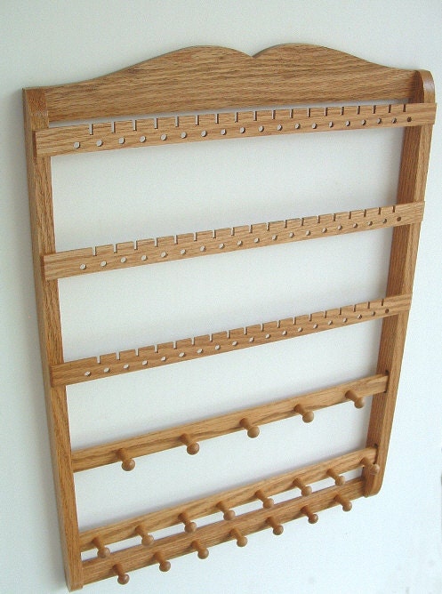 Jewelry Holder, Oak Hardwood Holder, 2 Necklace Bars,1 Bracelet Bar, 20 Jewelry Organizer Pegs, 54-108 Earring Pairs, Hanging