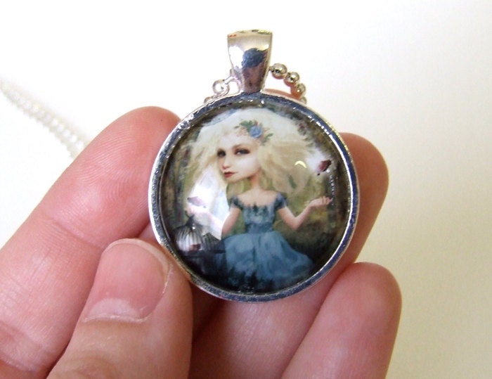Fantasy Art Necklace "If You Love Them, Set Them Free"  Pendant and Chain - Original Art Print Set Under Real Glass