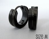 Mens Earrings Black Huggie Hoop - Ear Cartilage Piercing - Guys Cyber Corp Gothic Punk Rock - Stainless Steel - Medium HalfHalf no.153