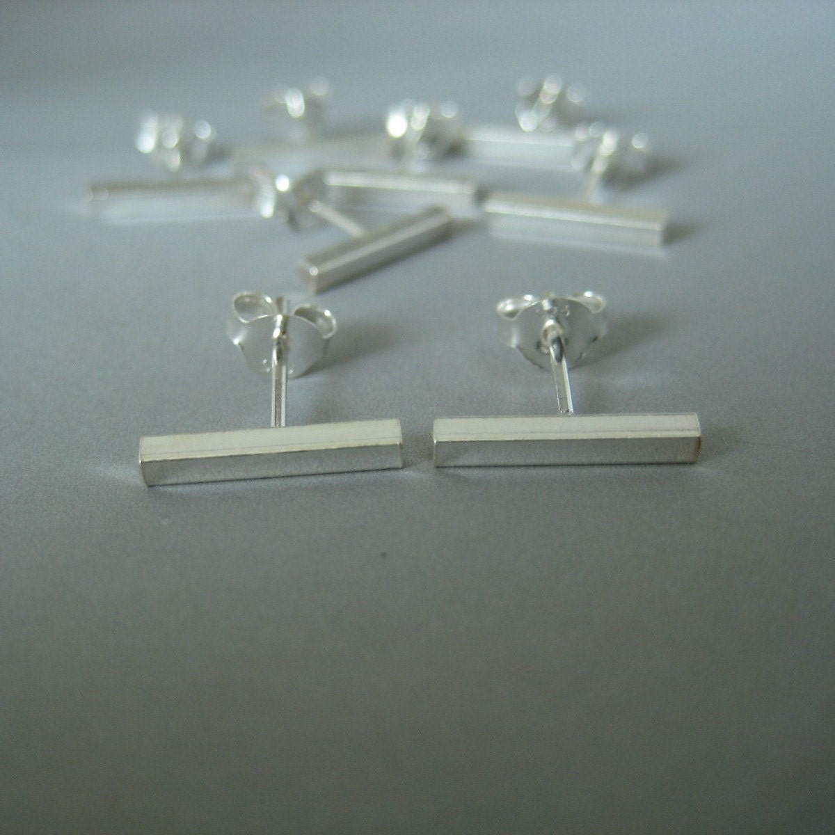 Men's Square Bar Silver Stud Earrings - 925 Sterling Silver Guys Earrings - Silver Bar (no.464)