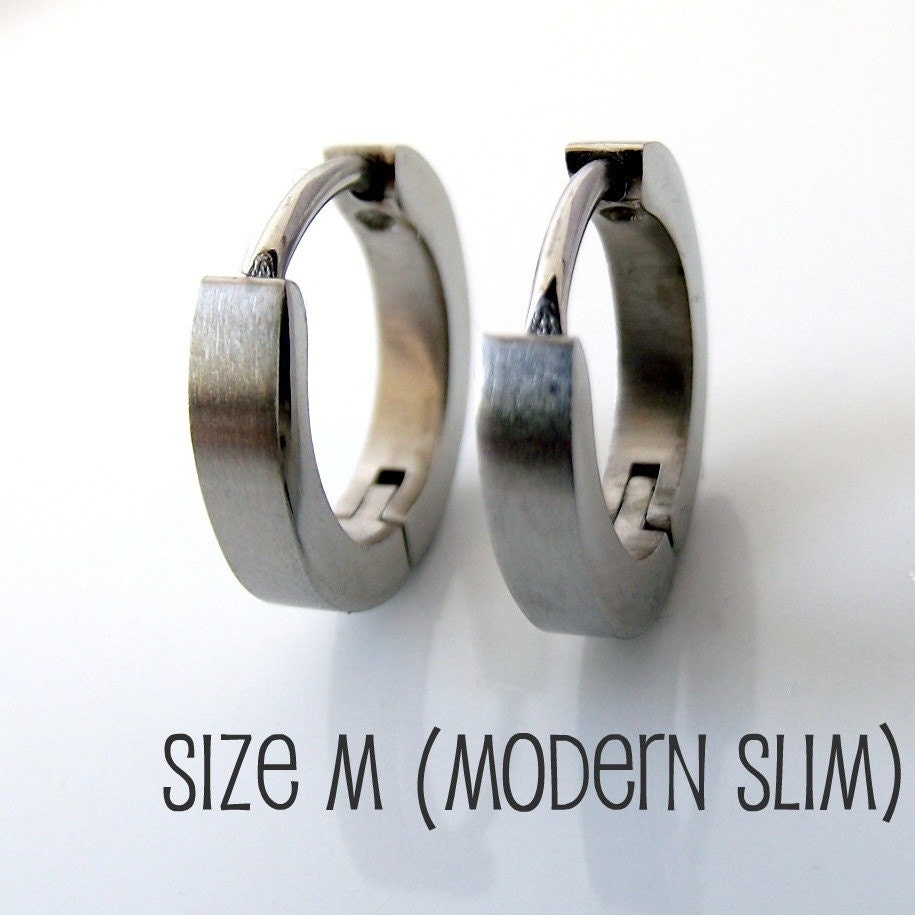 Mens Earrings Silver Huggie Hoop - Ear Cartilage Piercing - For Guys Hip Hop Medieval Punk Rock - Stainless Steel - Slim BRUSHED no.134