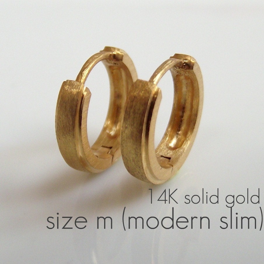 Mens Earrings Gold Hoop - 14K Solid Gold  - Medium Modern Slim 12mm MATTE - (no.E002MY)