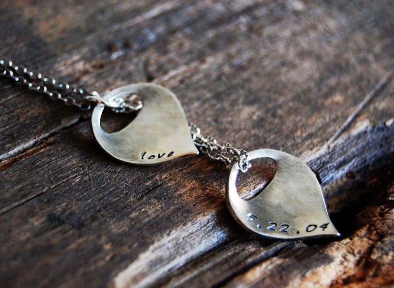 Sleek Lotus Petal Necklace - Custom Lower Case Name and Date with Two Petals- Family Necklace, Birth Necklace