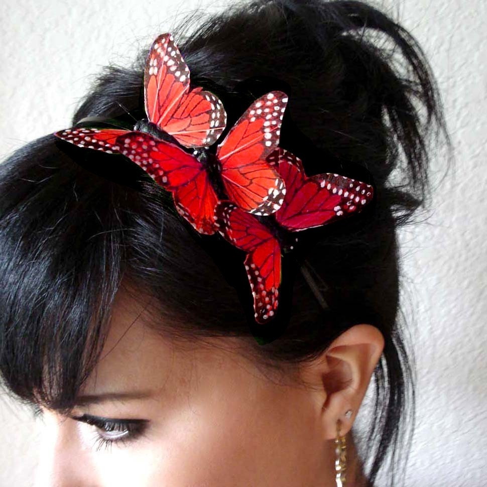 MEGAN - three orange butterflies headband  - bohemian hair accessory