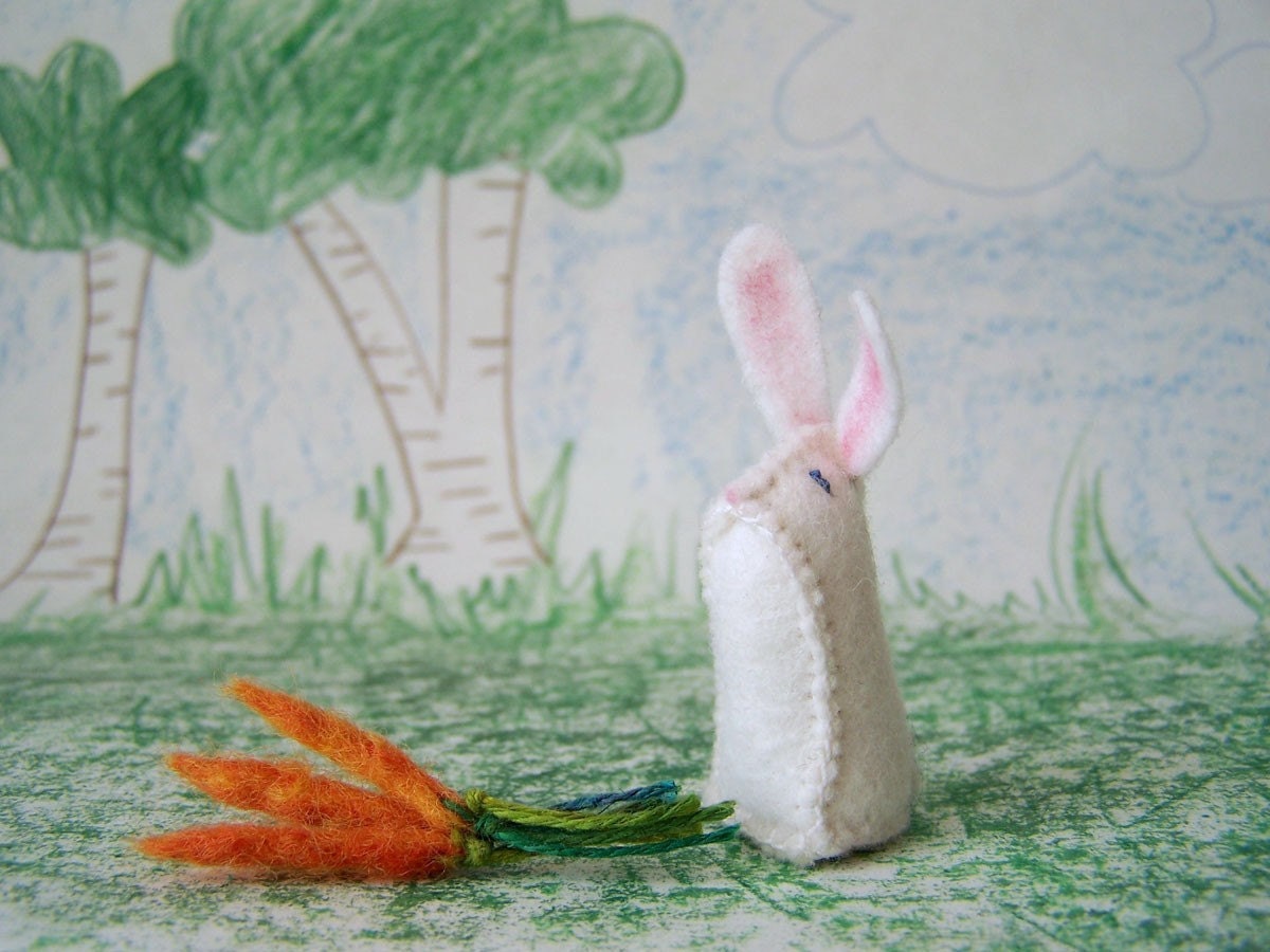 Little White Bunny Rabbit & Carrots - Tiny Pure Wool Felt Animal - Heirloom Children's Toy