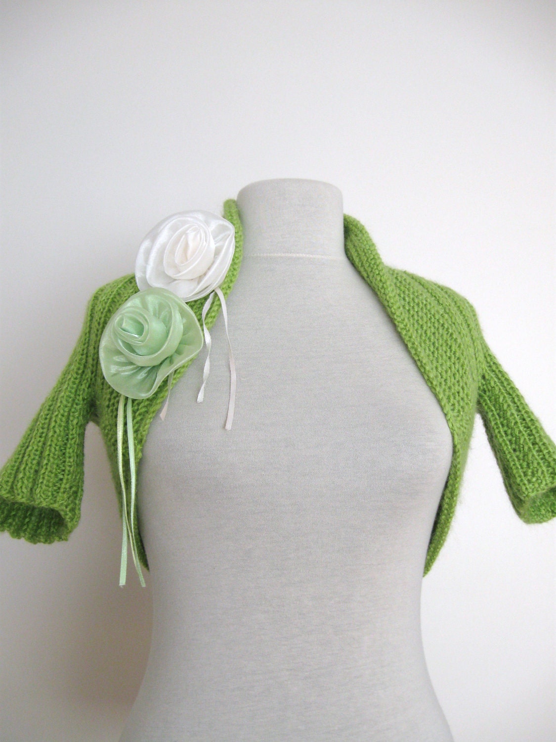 Peridot mohair shrug bolero with flower brooches - Short sleeves - Light green - Ready to ship - EXPRESS SHIPPING - Fall Fashion