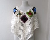 Crochet ivory poncho with granny square motifs-valentines day-gift guide-fall winter fashion