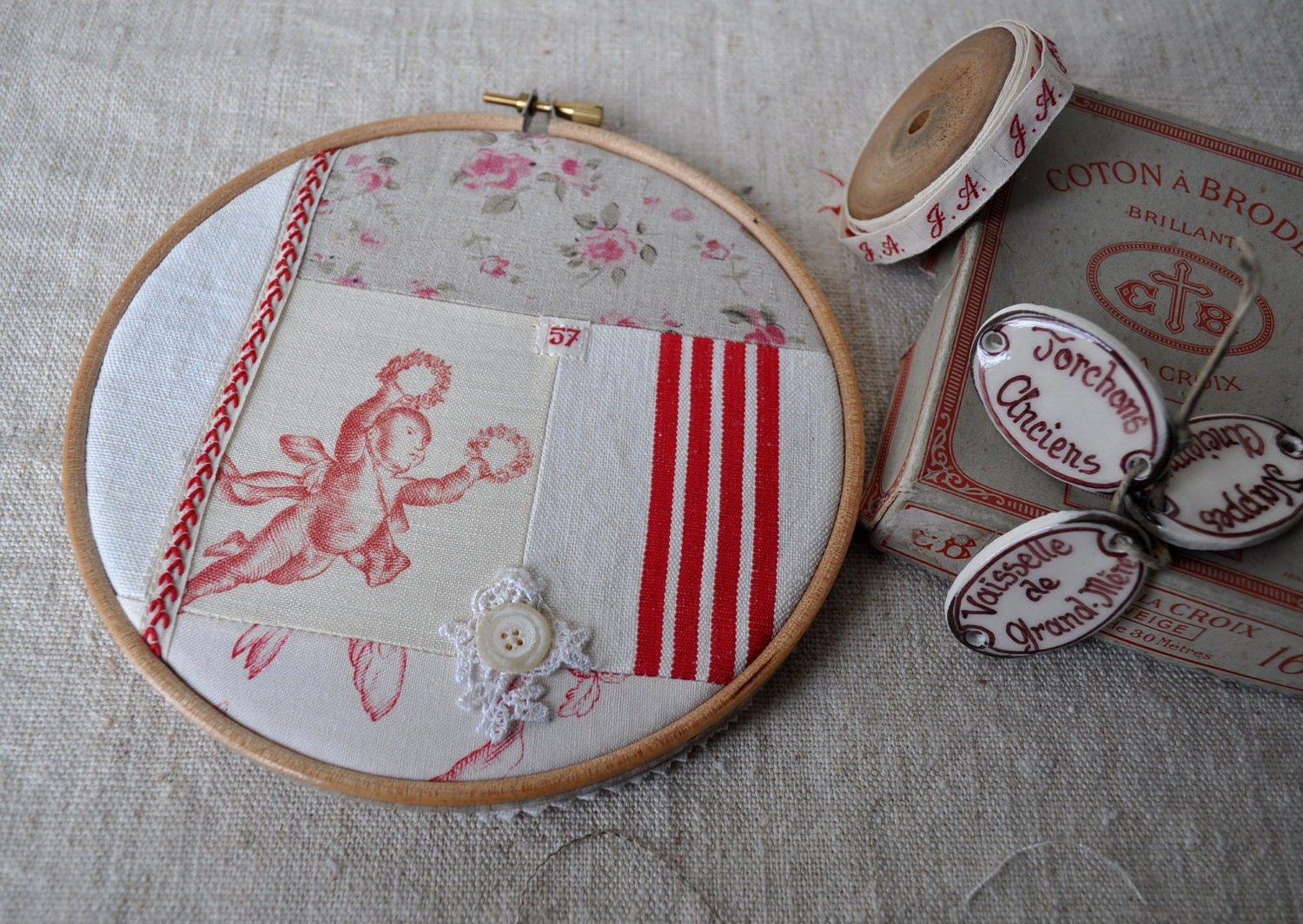 Vintage French Patchwork Large Embroidery Hoop - Antique Linens and Notions