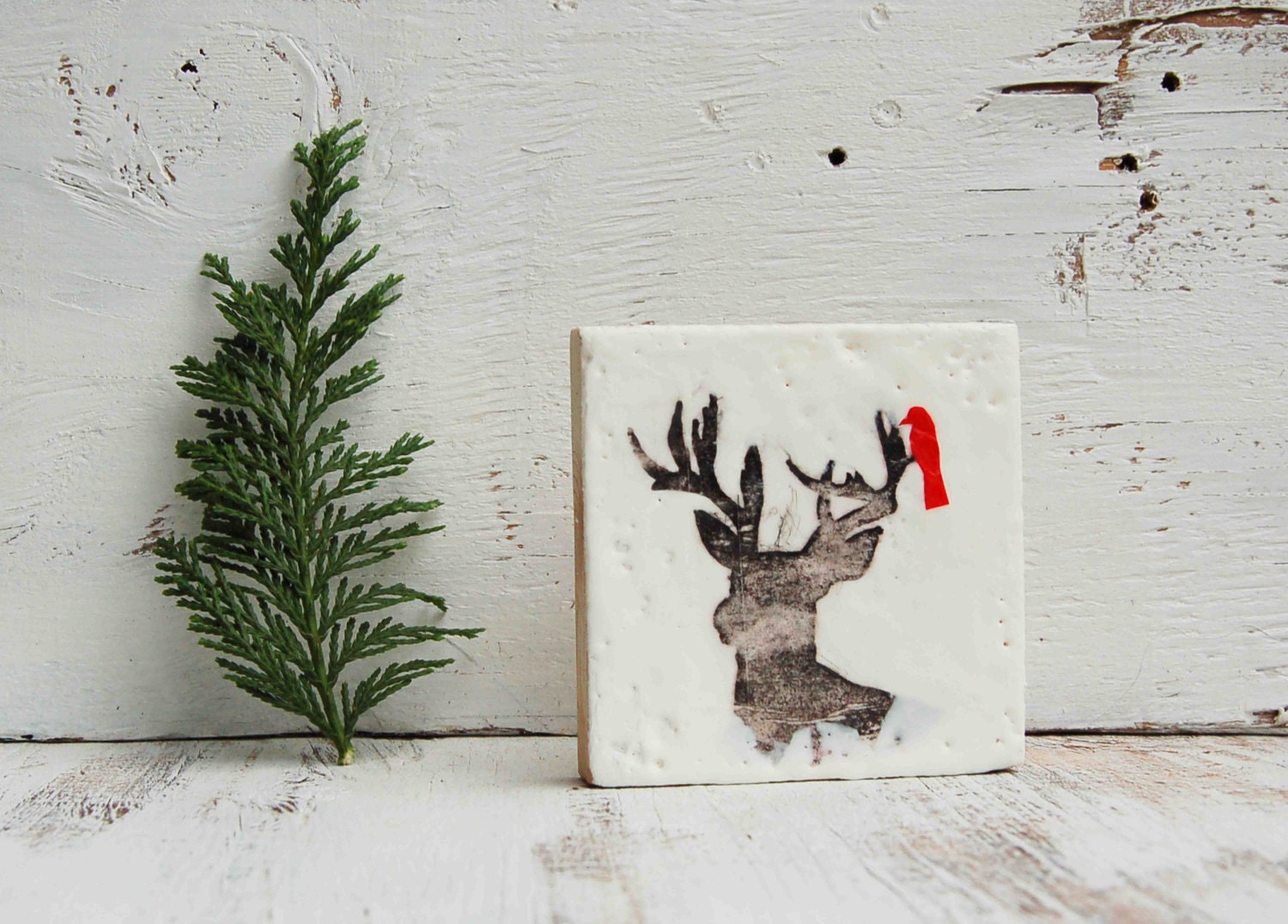 Forest DEER Red Bird Original Encaustic Mini Painting Winter Snow Stocking Stuffer
