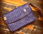 vintage bright blue woven straw clutch