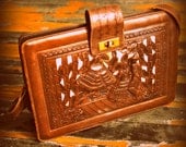 SALE vintage intricate detailed leather inlay aztec purse