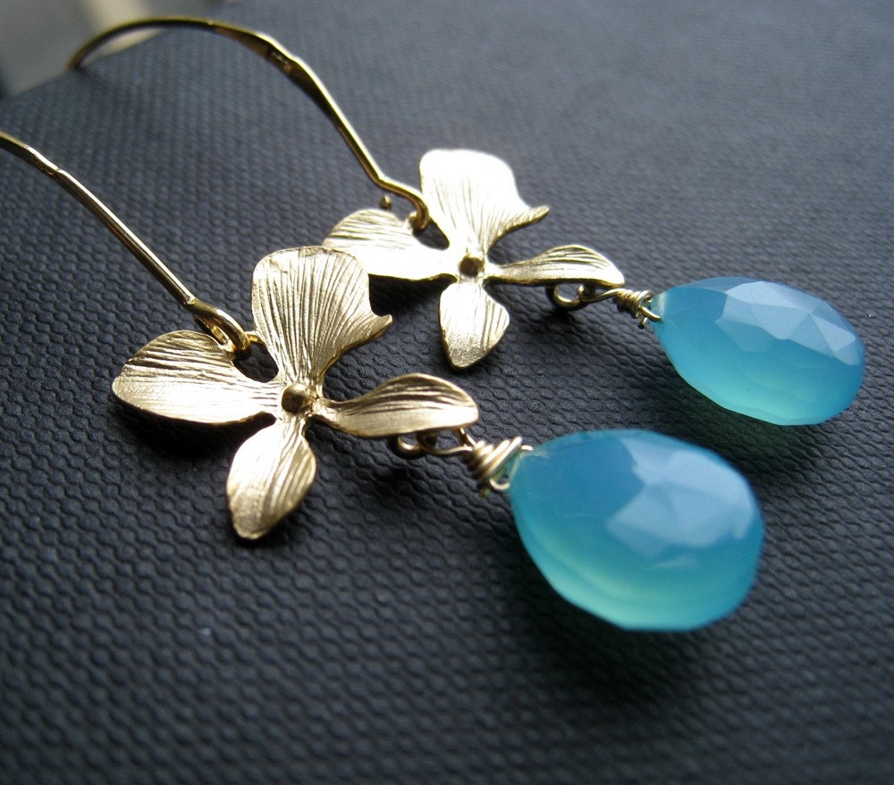 Aqua blue  chalcedony Orchid earrings, Gemstone, gold flower, long earwires, bridesmaid gifts, bridal party jewelry, weddings