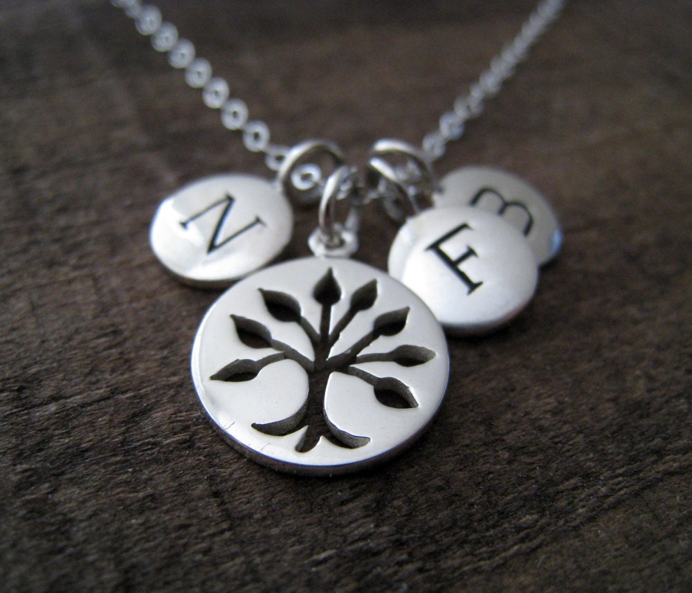 personalized Family tree Necklace-custom sterling silver discs, tree of life charm, keepsake, personalized letter charm