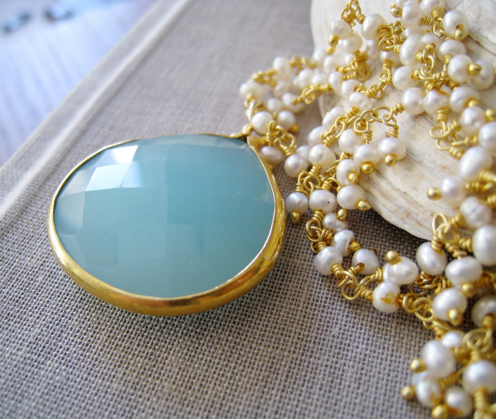 Aqua blue chalcedony and Pearl necklace, something blue Bridal jewelry, bridesmaid necklace, bridal jewelry, weddings