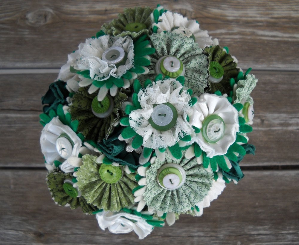 Green and Ivory Button Fabric Lace Wedding Bride Bouquet