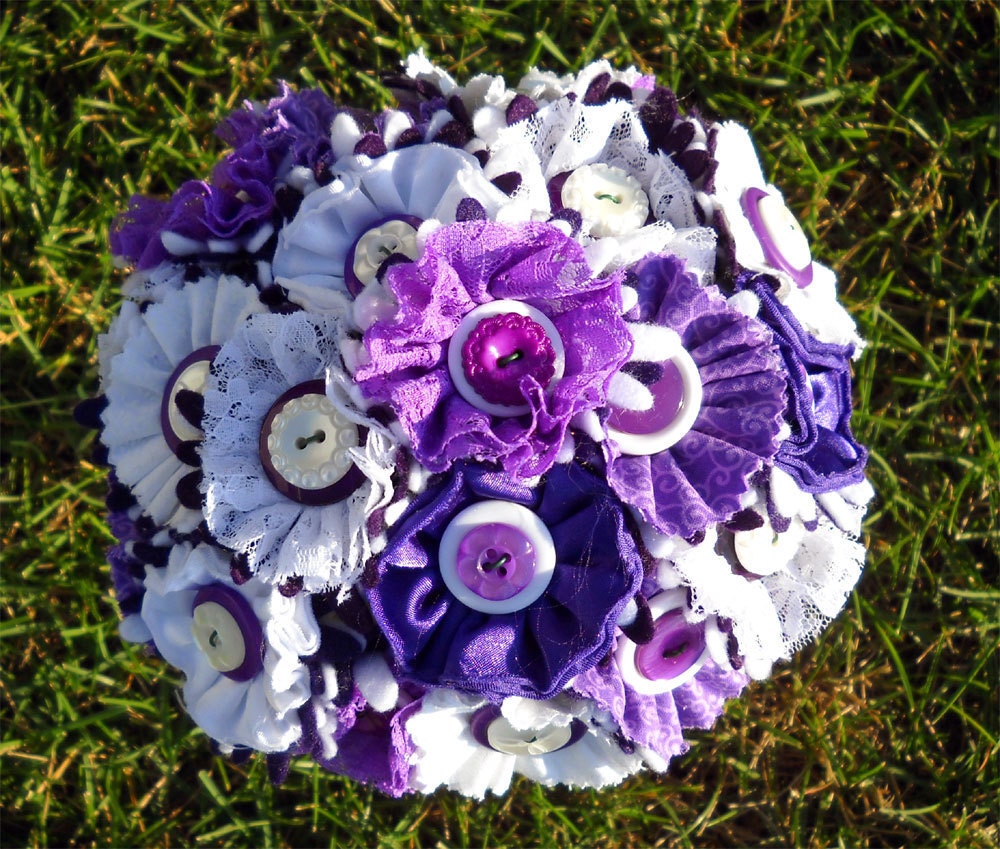 Purple White Button Wedding Bouquet Bride Satin and Lace