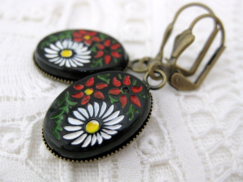 Flower Earrings Vintage Glass Antiqued Brass Black Red White Painted Fall Flowers