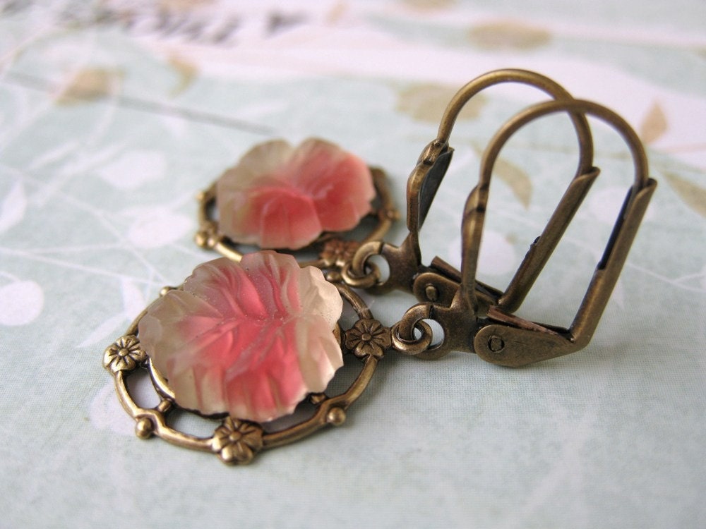 Leaf Flower Earrings Vintage Rose Glass Filigree Brass Antiqued Settings Frosted Leaves